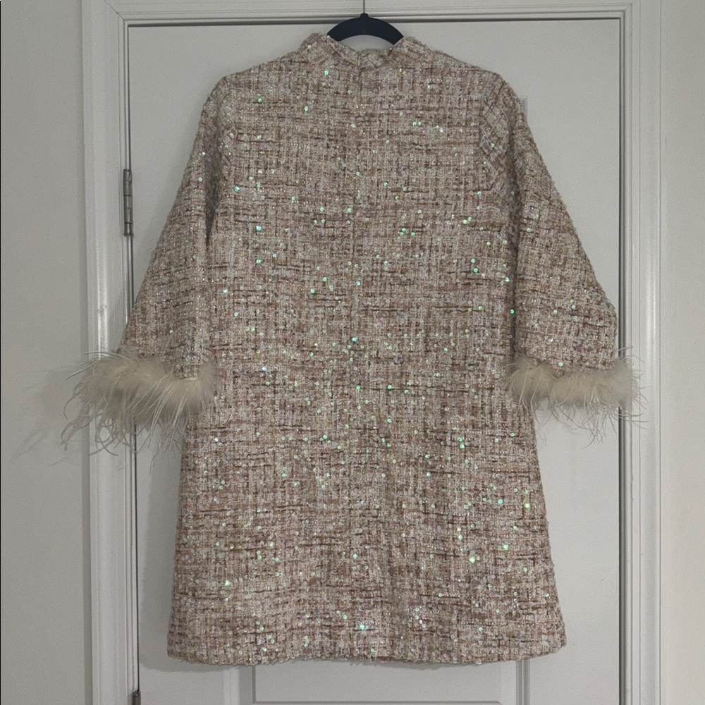 Cream Sequin Tweed Dress with Feather Cuffs - Picture 7 of 9